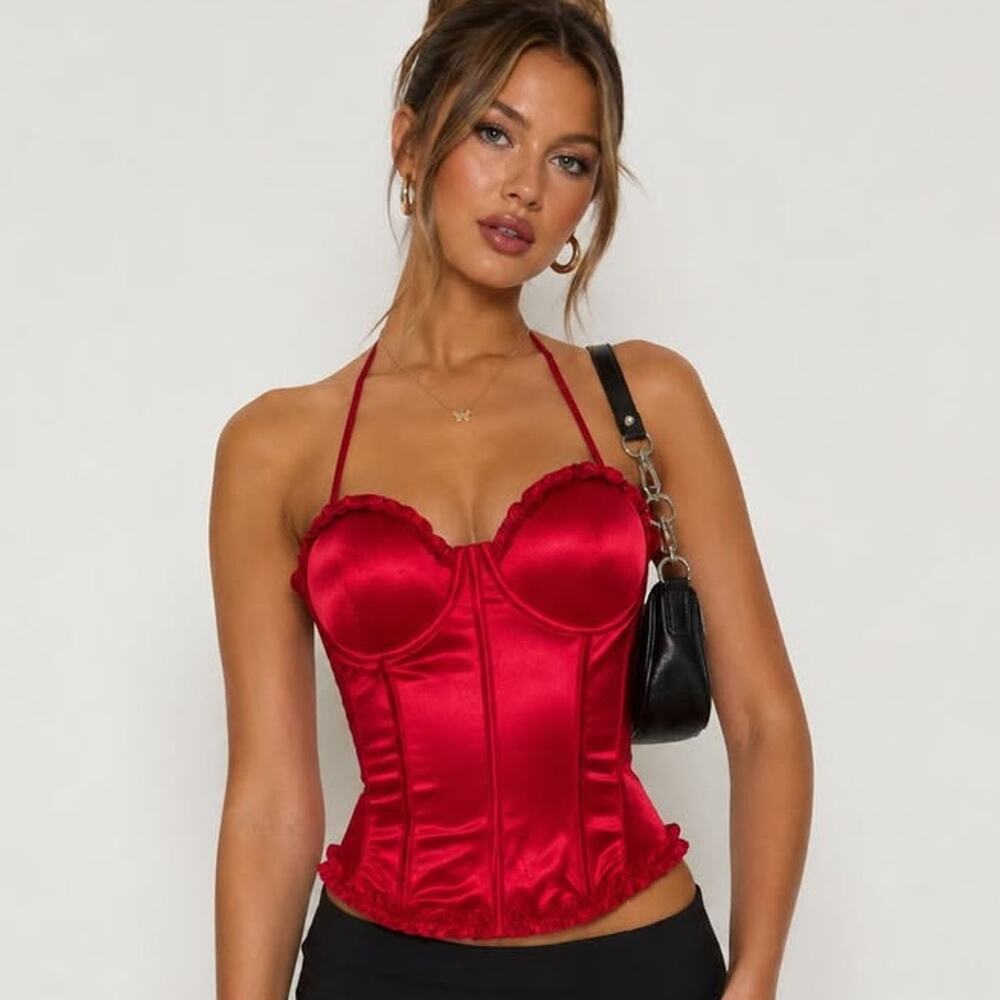 Satin Ruffle Corset Top Bustier Red L Spirit Halloween Y2K Goth Vamp Dark Fairy